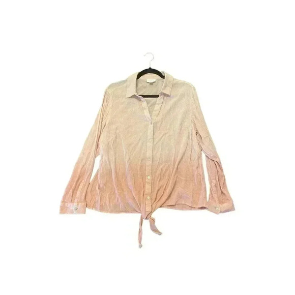 J Jill Blouse Tie Front Button Up Shirt Pink Dip Dye Ombre Gauze Top Size XL - Picture 1 of 7